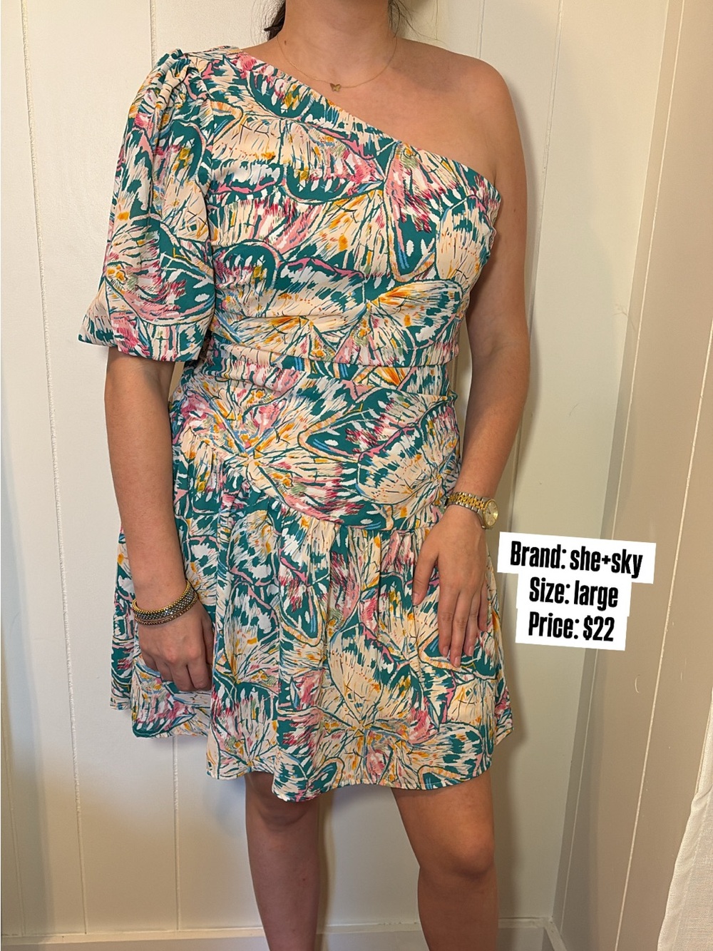 She + Sky Teal, Pink & Yellow One-Shoulder Floral Mini Dress